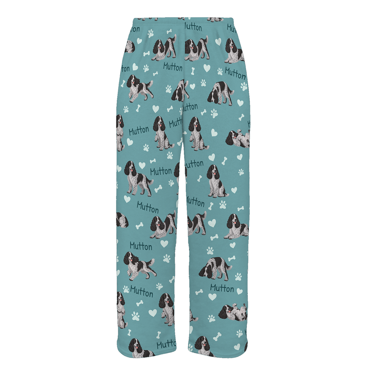 Personalized English Cocker Spaniel Pajama Pants, Custom Pet Name Fleece Trousers, Dog Lover Gift — 01 Muted Teal — full-trouser view