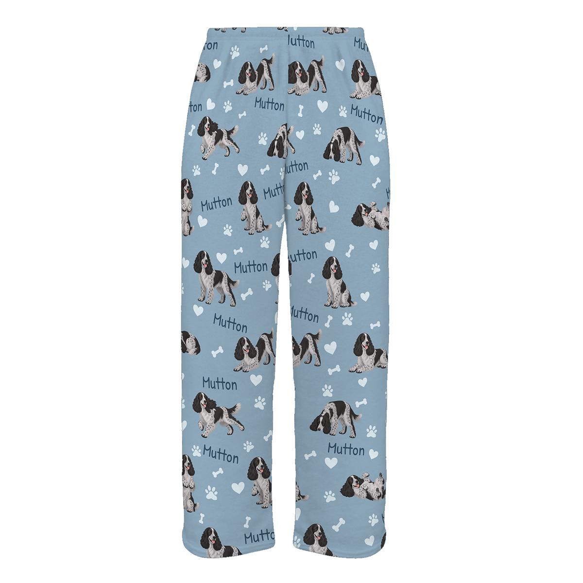Personalized English Cocker Spaniel Pajama Pants, Custom Pet Name Fleece Trousers, Dog Lover Gift — 02 Dusty Blue — full-trouser view