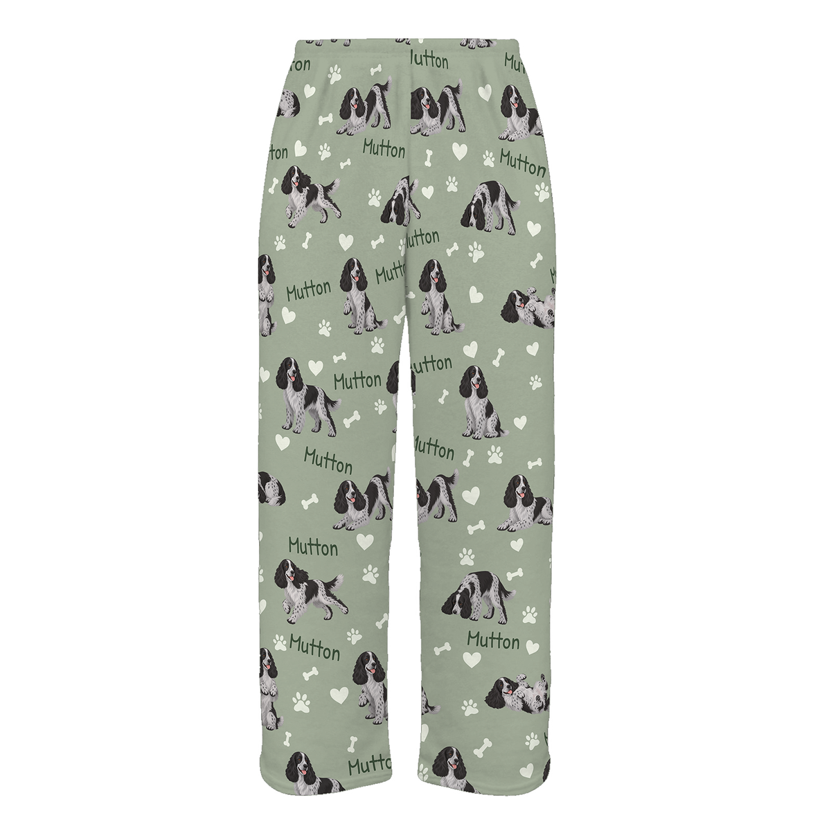 Personalized English Cocker Spaniel Pajama Pants, Custom Pet Name Fleece Trousers, Dog Lover Gift — 03 Soft Sage — full-trouser view