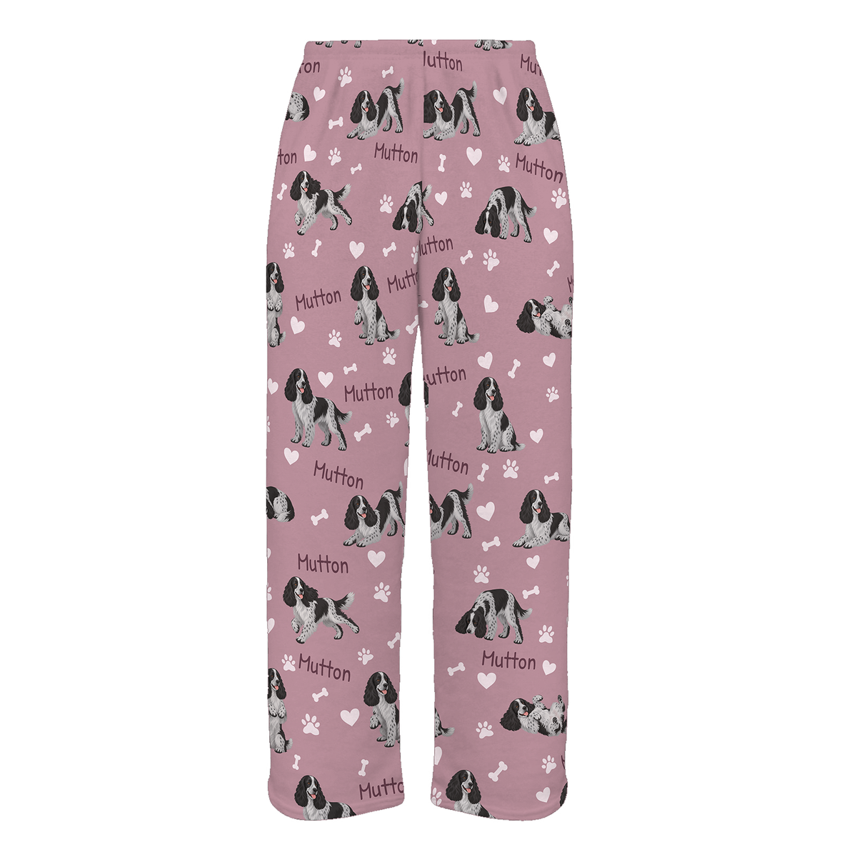 Personalized English Cocker Spaniel Pajama Pants, Custom Pet Name Fleece Trousers, Dog Lover Gift — 04 Dusty Rose — full-trouser view