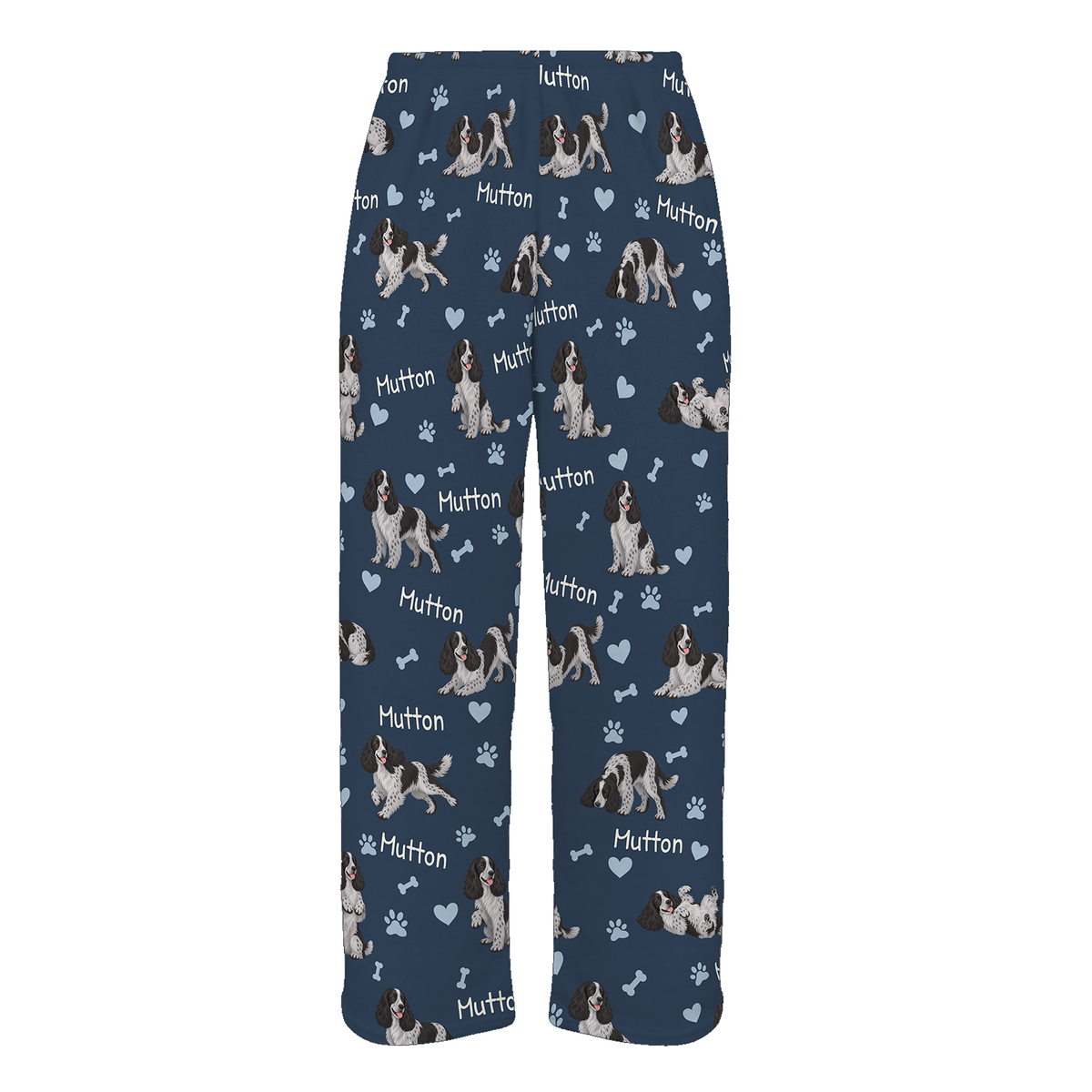 Personalized English Cocker Spaniel Pajama Pants, Custom Pet Name Fleece Trousers, Dog Lover Gift — 05 Deep Navy — full-trouser view
