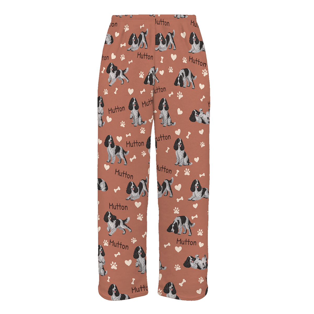 Personalized English Cocker Spaniel Pajama Pants, Custom Pet Name Fleece Trousers, Dog Lover Gift — 06 Muted Terracotta — full-trouser view