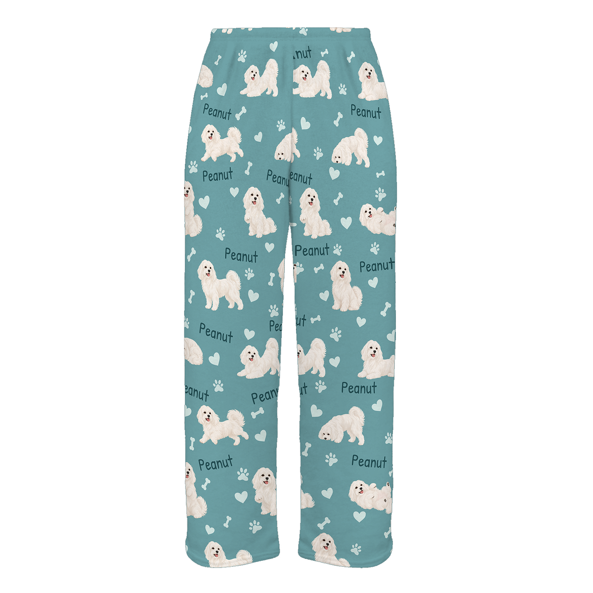 Personalized Maltese Pajama Pants, Custom Pet Name Fleece Trousers, Dog Lover Gift — 01 Muted Teal — full-trouser view