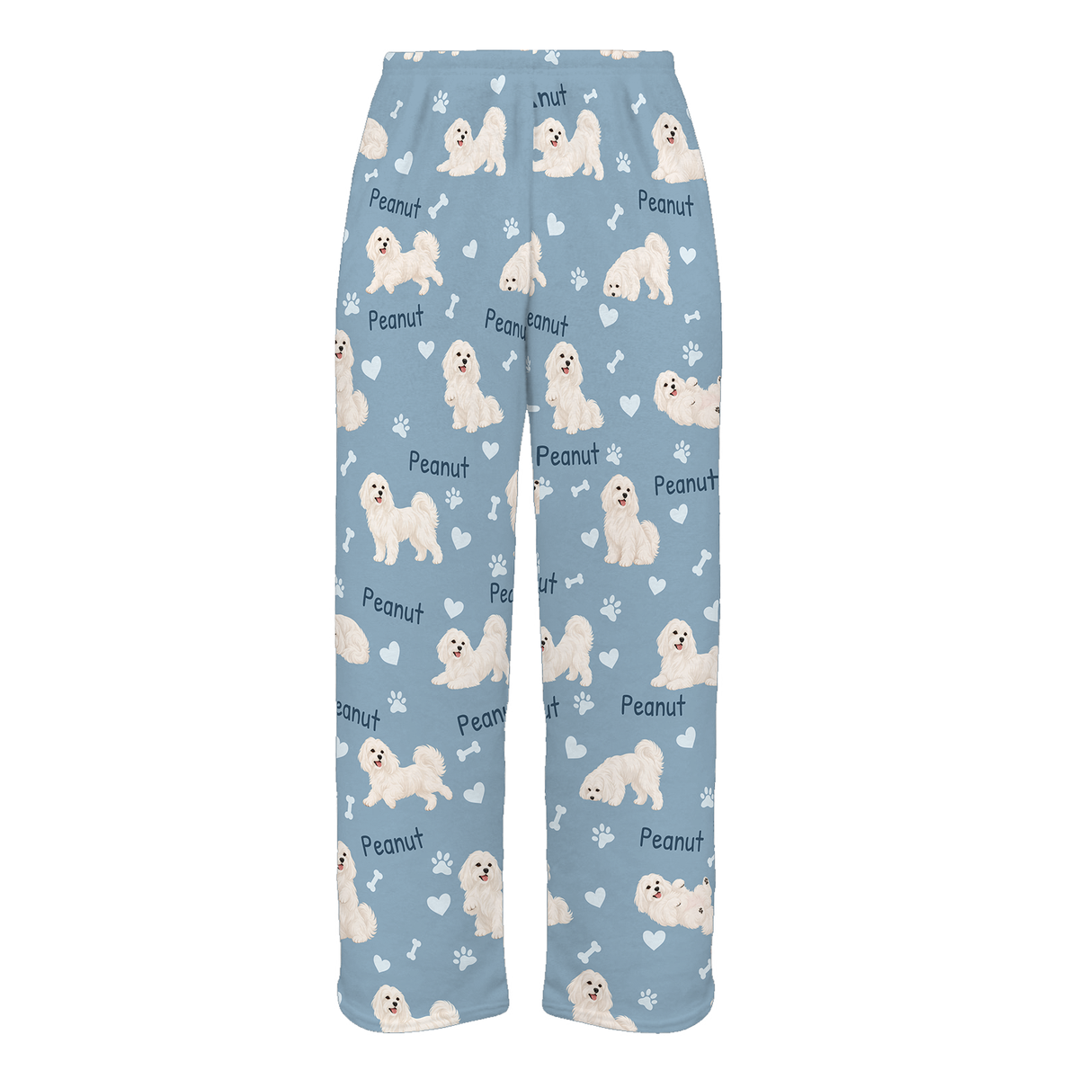 Personalized Maltese Pajama Pants, Custom Pet Name Fleece Trousers, Dog Lover Gift — 02 Dusty Blue — full-trouser view