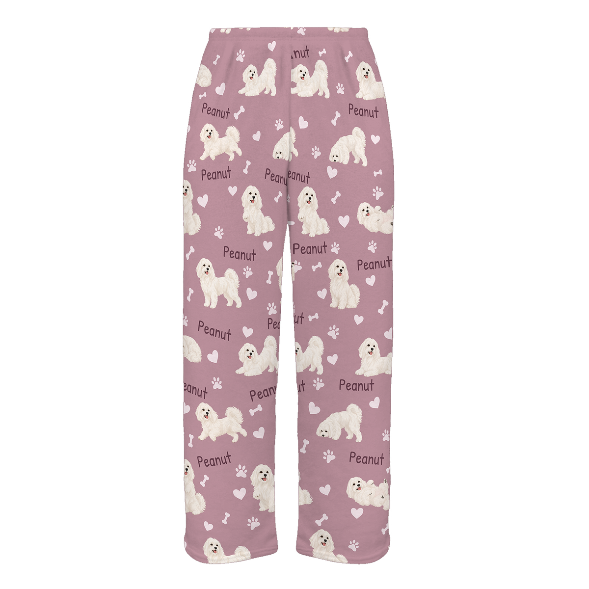 Personalized Maltese Pajama Pants, Custom Pet Name Fleece Trousers, Dog Lover Gift — 04 Dusty Rose — full-trouser view