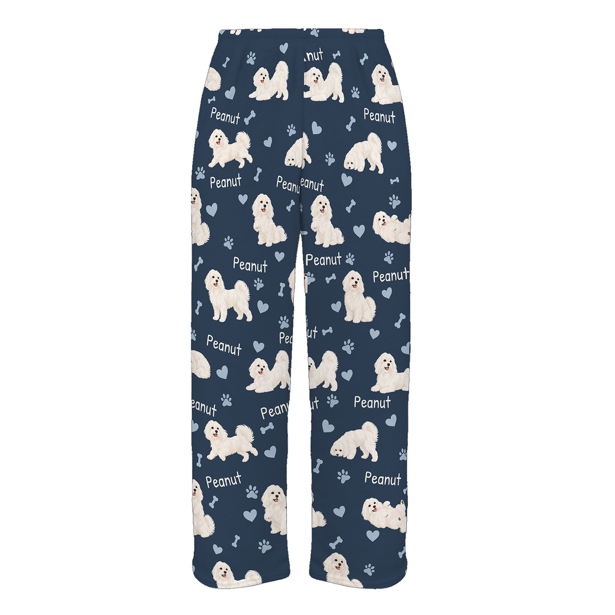Personalized Maltese Pajama Pants, Custom Pet Name Fleece Trousers, Dog Lover Gift — 05 Deep Navy — full-trouser view