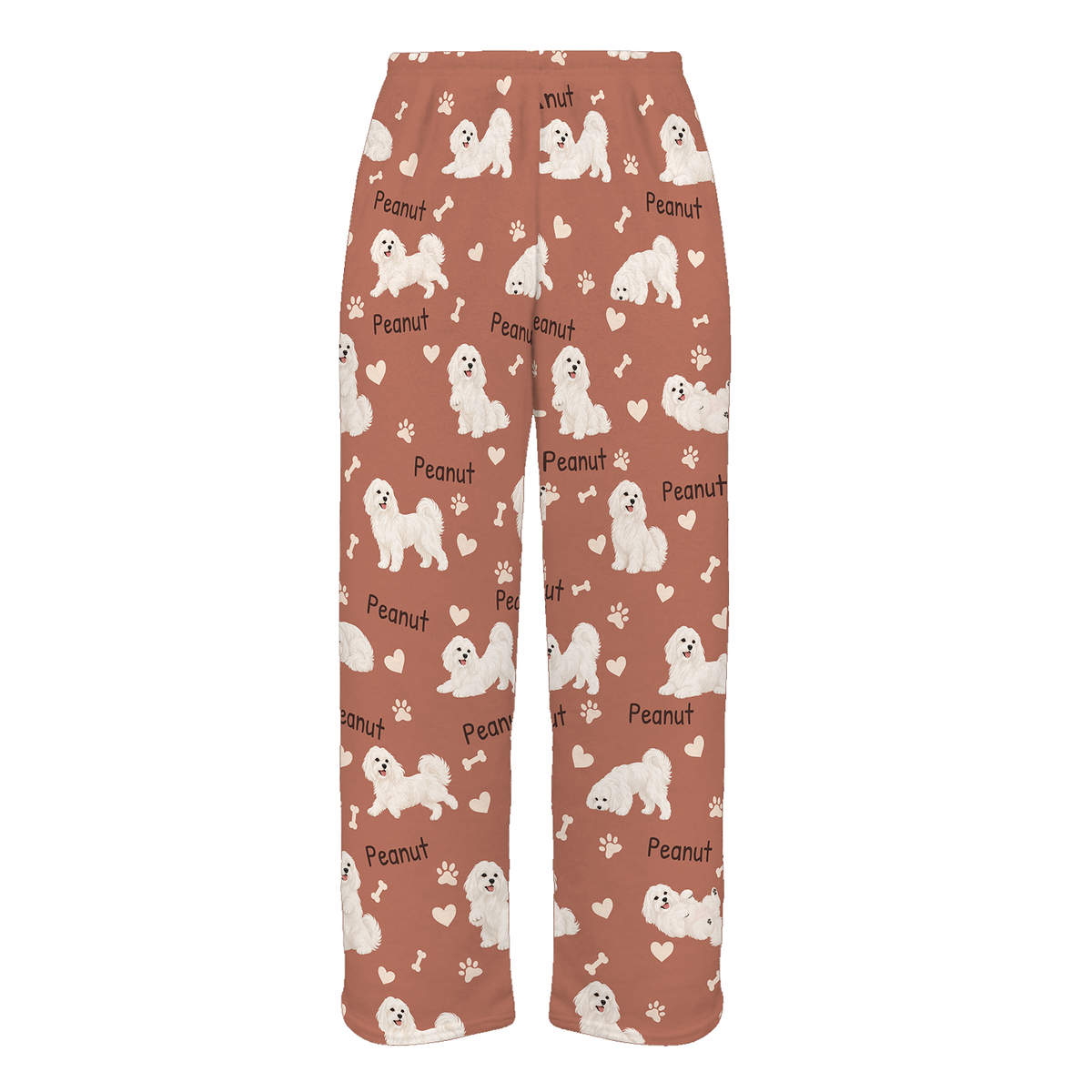 Personalized Maltese Pajama Pants, Custom Pet Name Fleece Trousers, Dog Lover Gift — 06 Muted Terracotta — full-trouser view