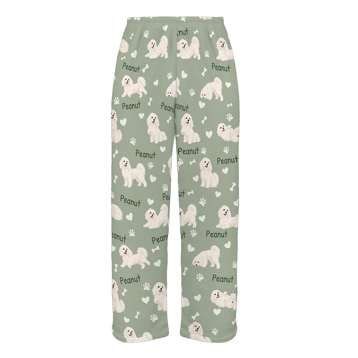 Personalized Maltese Pajama Pants, Custom Pet Name Fleece Trousers, Dog Lover Gift — As shown — full-trouser view