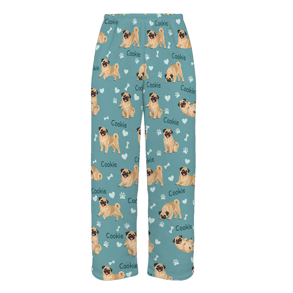 Personalized Pug Pajama Pants, Custom Pet Name Fleece Trousers, Dog Lover Gift — 01 Muted Teal — full-trouser view