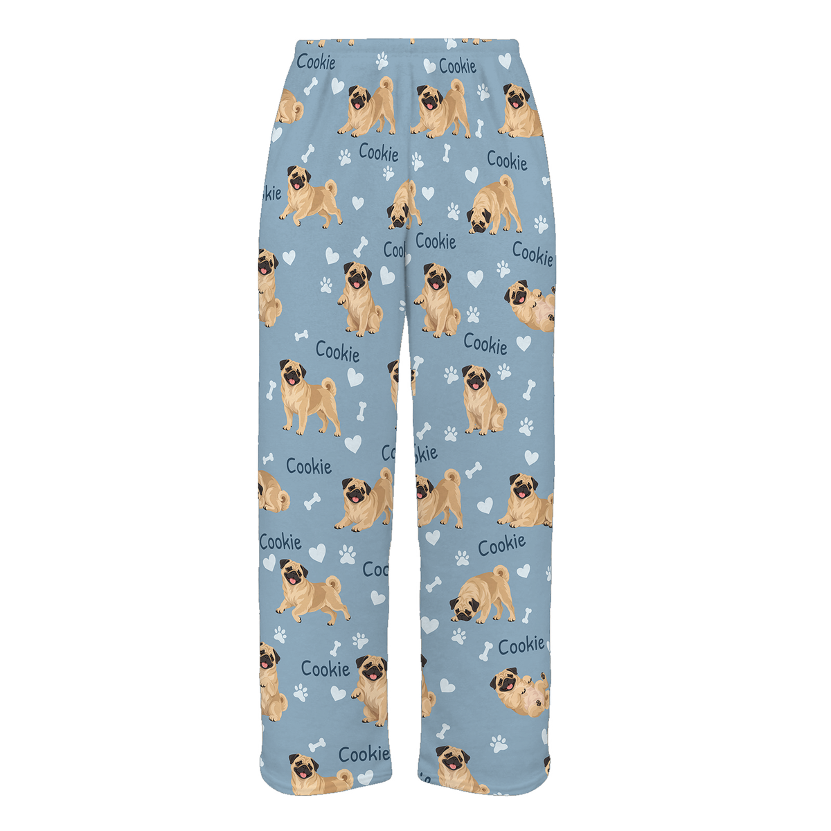 Personalized Pug Pajama Pants, Custom Pet Name Fleece Trousers, Dog Lover Gift — 02 Dusty Blue — full-trouser view