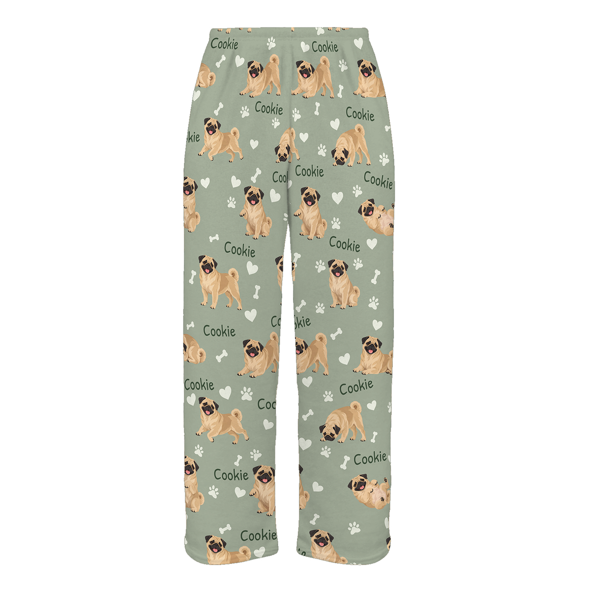 Personalized Pug Pajama Pants, Custom Pet Name Fleece Trousers, Dog Lover Gift — 03 Soft Sage — full-trouser view