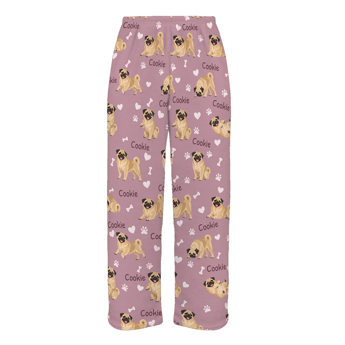 Personalized Pug Pajama Pants, Custom Pet Name Fleece Trousers, Dog Lover Gift — 04 Dusty Rose — full-trouser view