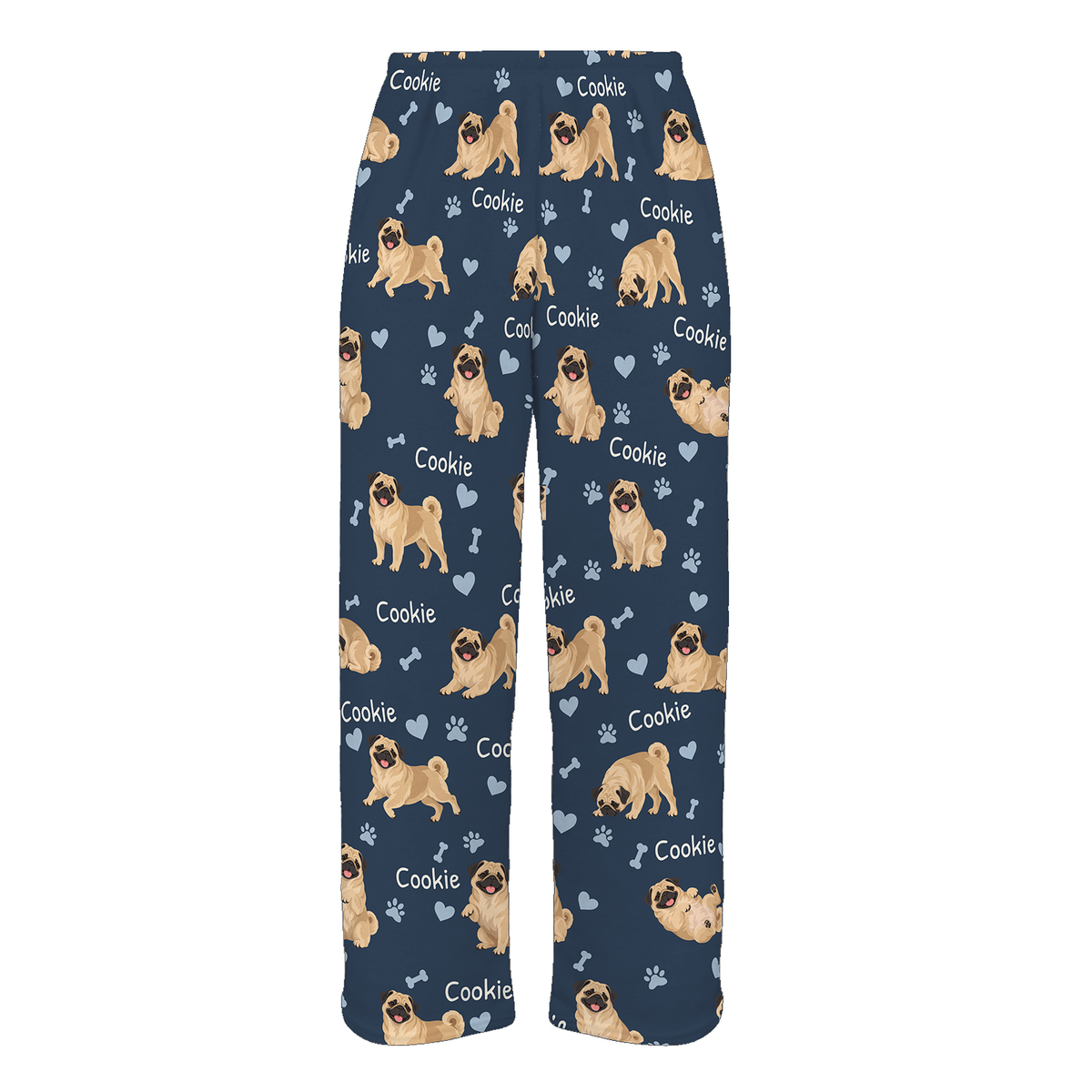 Personalized Pug Pajama Pants, Custom Pet Name Fleece Trousers, Dog Lover Gift — 05 Deep Navy — full-trouser view