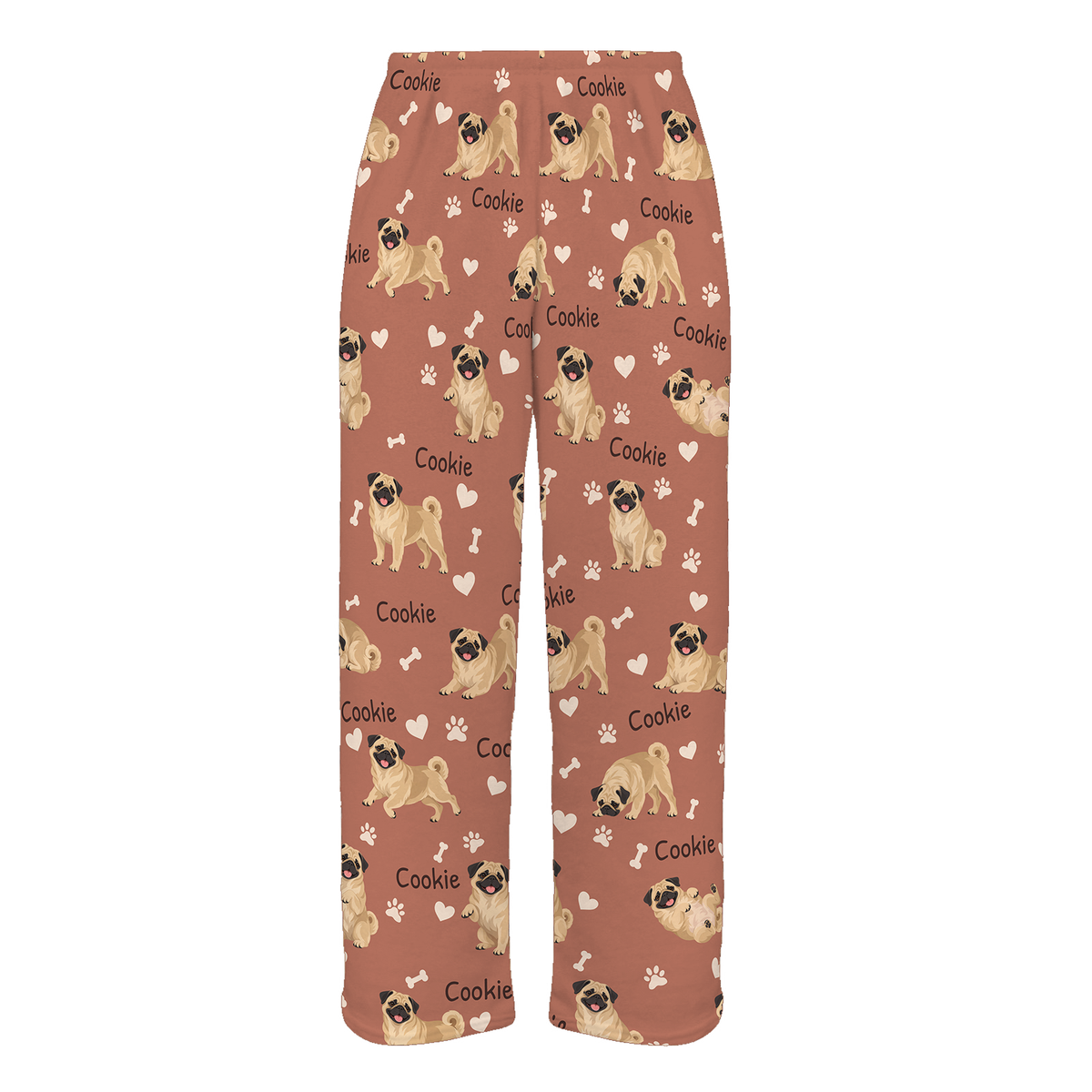 Personalized Pug Pajama Pants, Custom Pet Name Fleece Trousers, Dog Lover Gift — 06 Muted Terracotta — full-trouser view