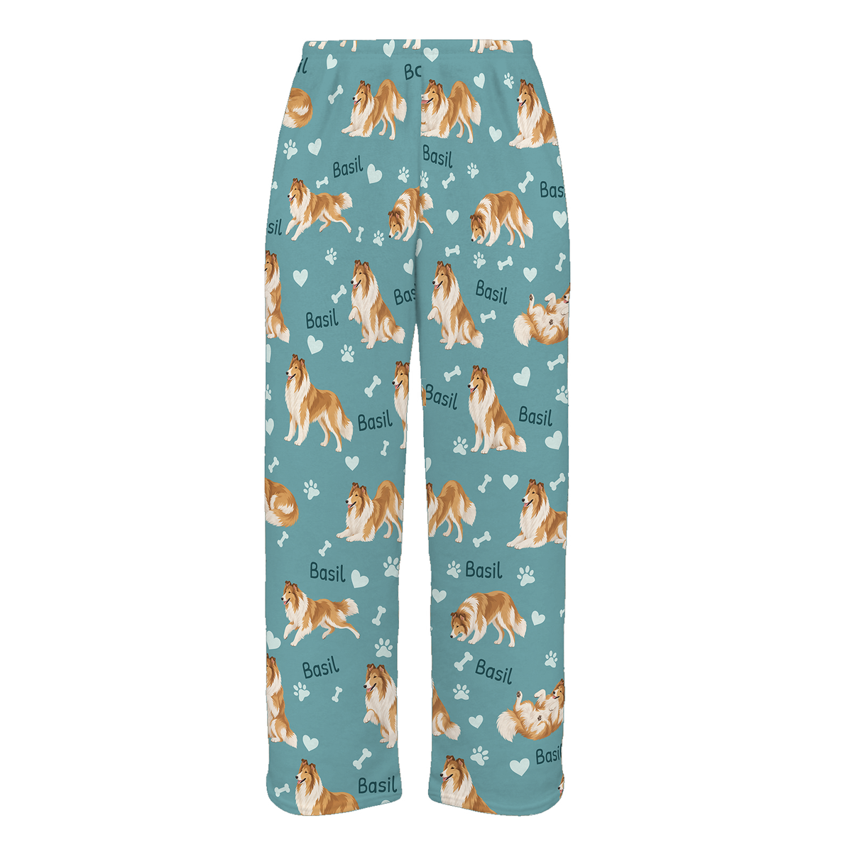 Personalized Collie Pajama Pants, Custom Pet Name Fleece Trousers, Dog Lover Gift — 01 Muted Teal — full-trouser view