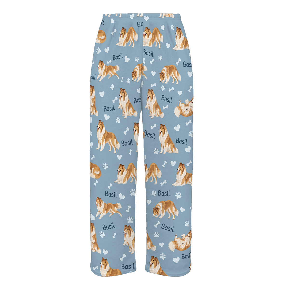 Personalized Collie Pajama Pants, Custom Pet Name Fleece Trousers, Dog Lover Gift — 02 Dusty Blue — full-trouser view