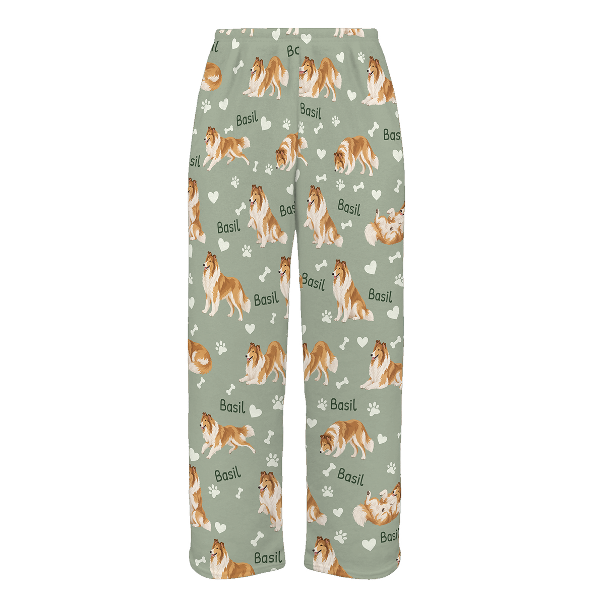 Personalized Collie Pajama Pants, Custom Pet Name Fleece Trousers, Dog Lover Gift — 03 Soft Sage — full-trouser view