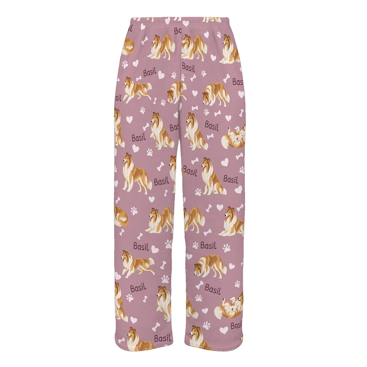 Personalized Collie Pajama Pants, Custom Pet Name Fleece Trousers, Dog Lover Gift — 04 Dusty Rose — full-trouser view