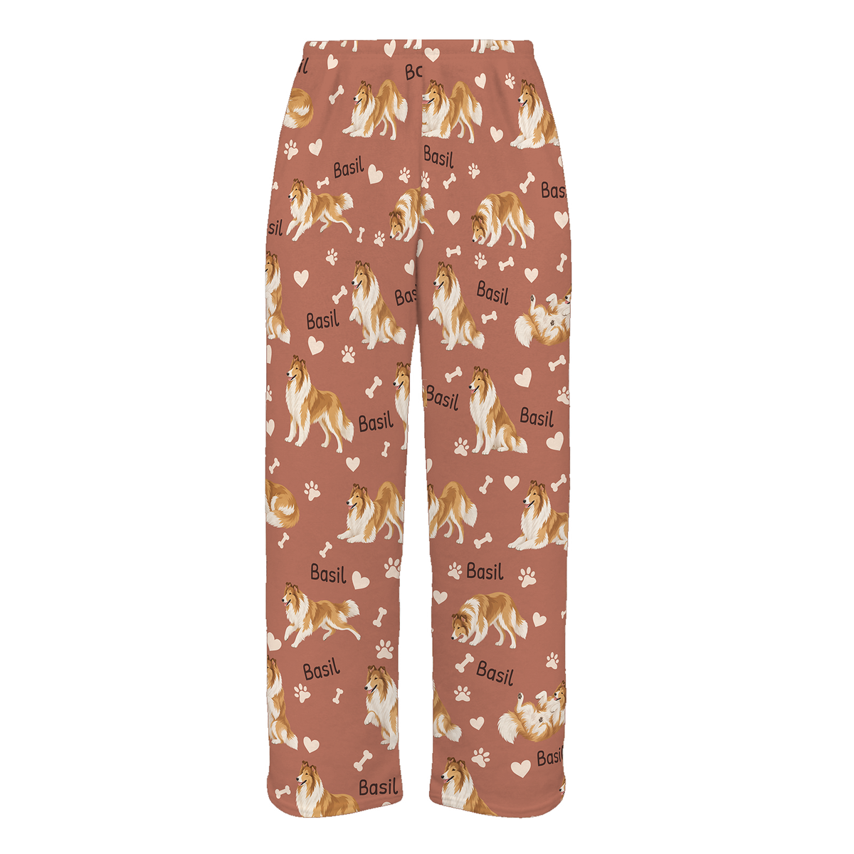 Personalized Collie Pajama Pants, Custom Pet Name Fleece Trousers, Dog Lover Gift — 06 Muted Terracotta — full-trouser view