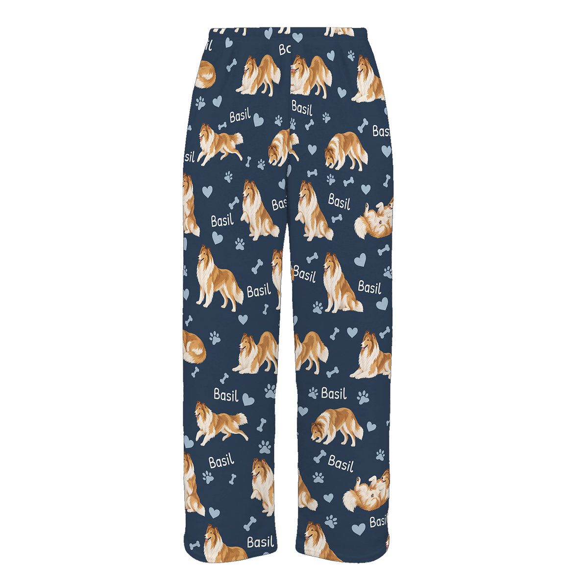 Personalized Collie Pajama Pants, Custom Pet Name Fleece Trousers, Dog Lover Gift — As shown — full-trouser view