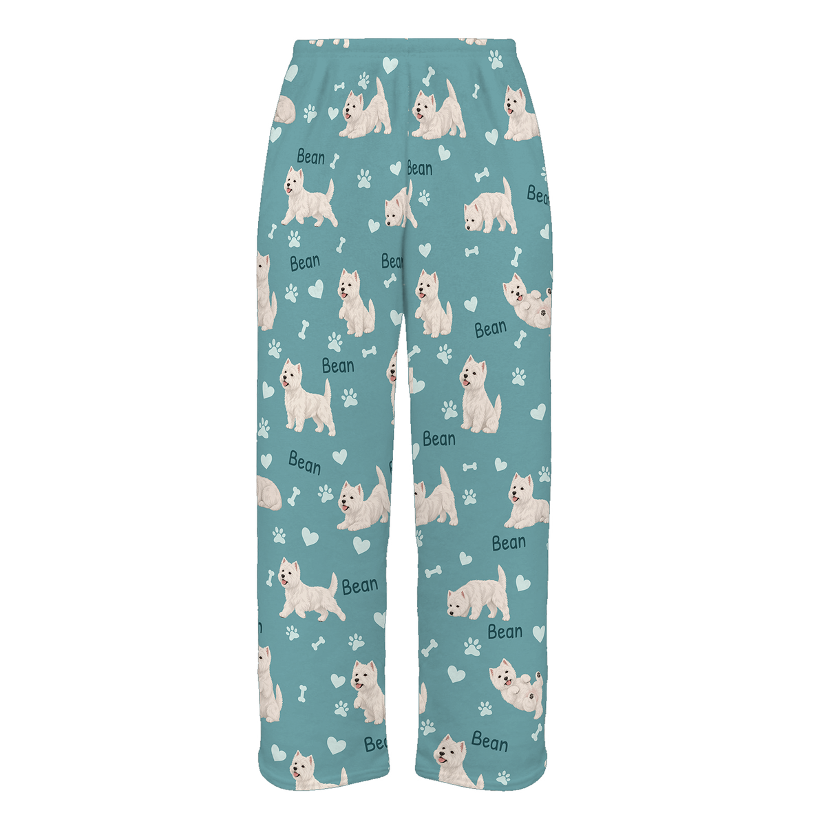 Personalized West Highland White Terrier Pajama Pants, Custom Pet Name Fleece Trousers, Dog Lover Gift — 01 Muted Teal — full-trouser view