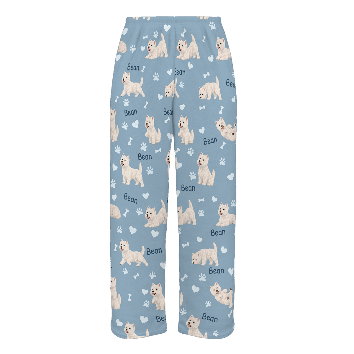 Personalized West Highland White Terrier Pajama Pants, Custom Pet Name Fleece Trousers, Dog Lover Gift — 02 Dusty Blue — full-trouser view