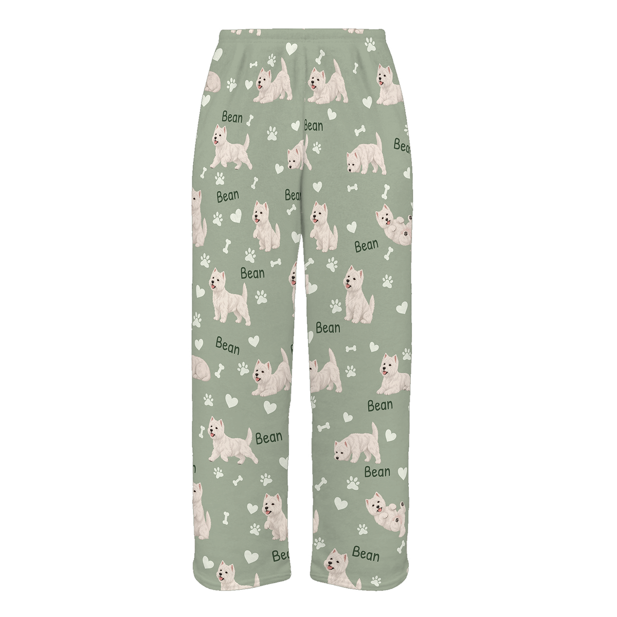 Personalized West Highland White Terrier Pajama Pants, Custom Pet Name Fleece Trousers, Dog Lover Gift — 03 Soft Sage — full-trouser view