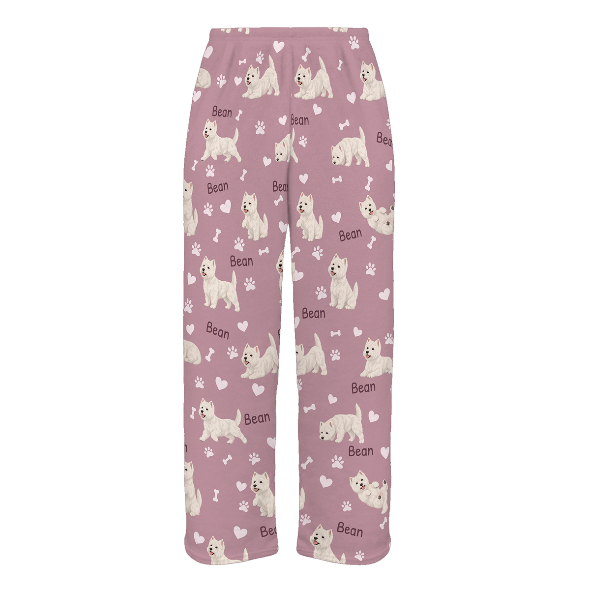 Personalized West Highland White Terrier Pajama Pants, Custom Pet Name Fleece Trousers, Dog Lover Gift — 04 Dusty Rose — full-trouser view
