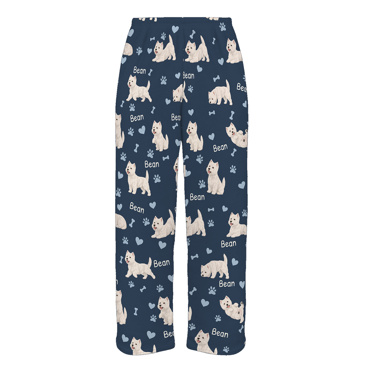 Personalized West Highland White Terrier Pajama Pants, Custom Pet Name Fleece Trousers, Dog Lover Gift — 05 Deep Navy — full-trouser view