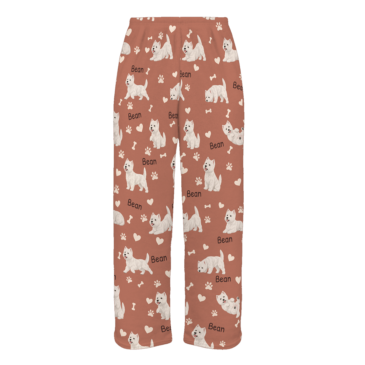 Personalized West Highland White Terrier Pajama Pants, Custom Pet Name Fleece Trousers, Dog Lover Gift — 06 Muted Terracotta — full-trouser view