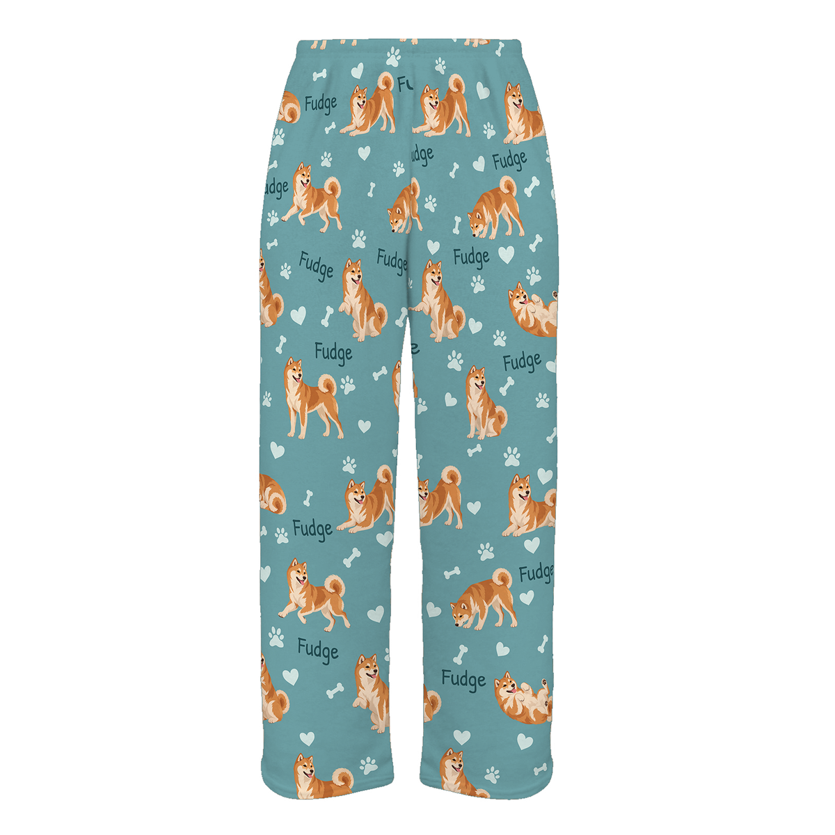 Personalized Shiba Inu Pajama Pants, Custom Pet Name Fleece Trousers, Dog Lover Gift — 01 Muted Teal — full-trouser view