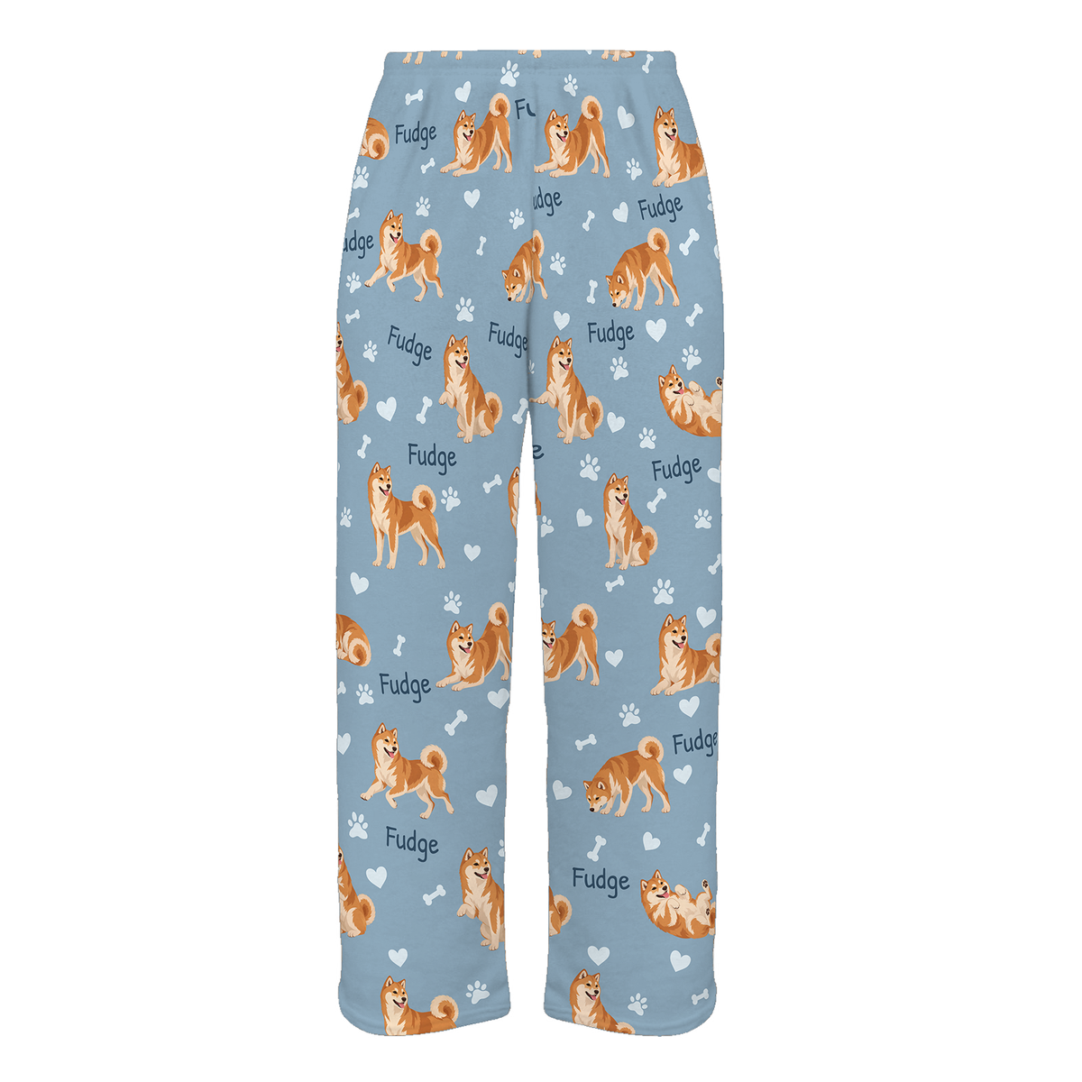 Personalized Shiba Inu Pajama Pants, Custom Pet Name Fleece Trousers, Dog Lover Gift — 02 Dusty Blue — full-trouser view