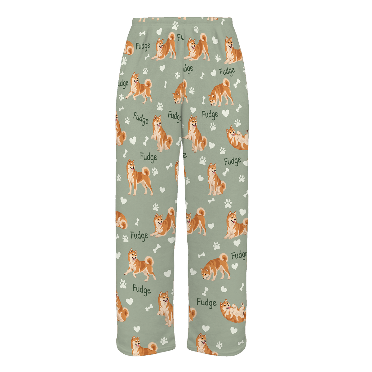 Personalized Shiba Inu Pajama Pants, Custom Pet Name Fleece Trousers, Dog Lover Gift — 03 Soft Sage — full-trouser view