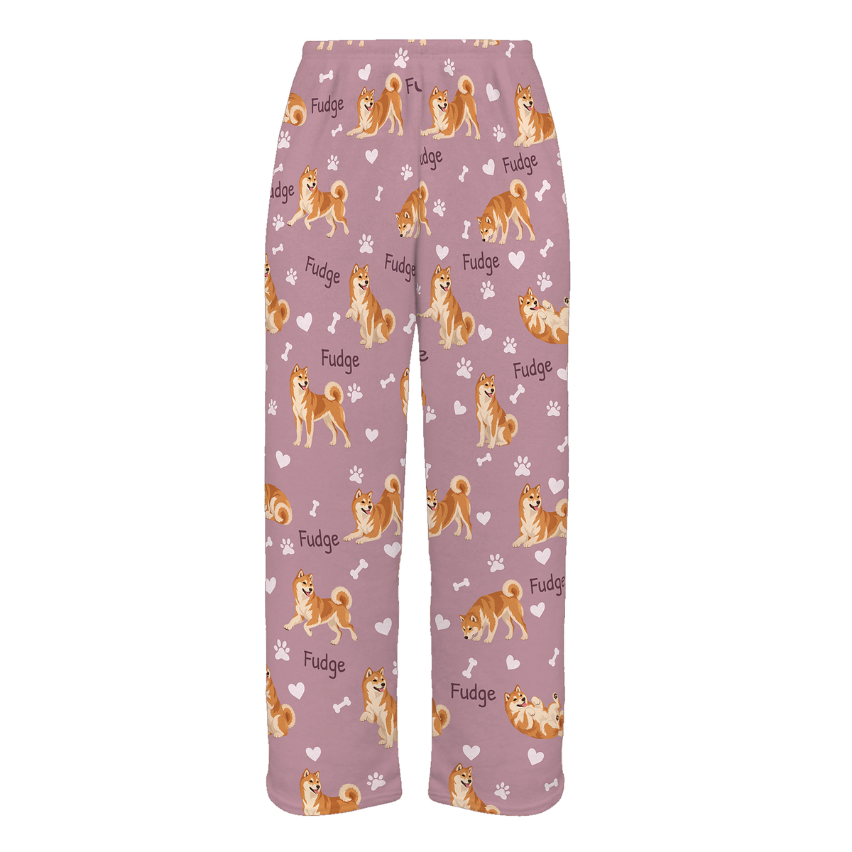 Personalized Shiba Inu Pajama Pants, Custom Pet Name Fleece Trousers, Dog Lover Gift — 04 Dusty Rose — full-trouser view
