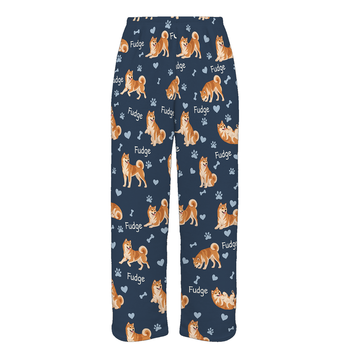 Personalized Shiba Inu Pajama Pants, Custom Pet Name Fleece Trousers, Dog Lover Gift — 05 Deep Navy — full-trouser view