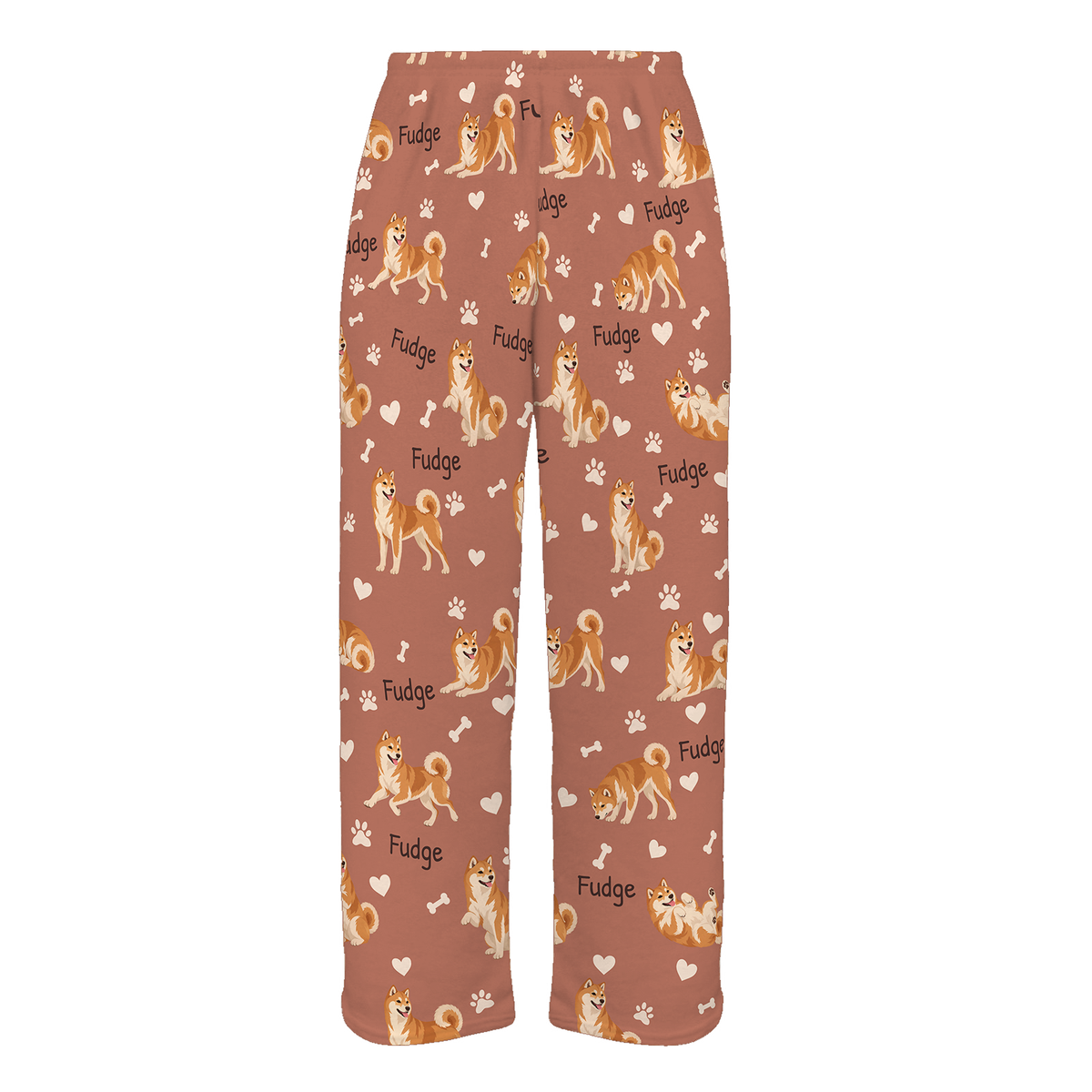 Personalized Shiba Inu Pajama Pants, Custom Pet Name Fleece Trousers, Dog Lover Gift — 06 Muted Terracotta — full-trouser view
