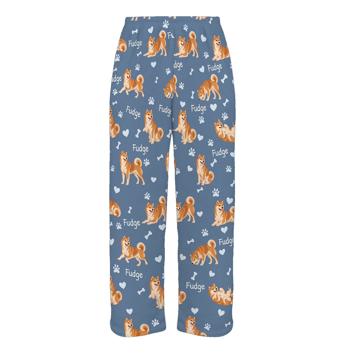 Personalized Shiba Inu Pajama Pants, Custom Pet Name Fleece Trousers, Dog Lover Gift — As shown — full-trouser view
