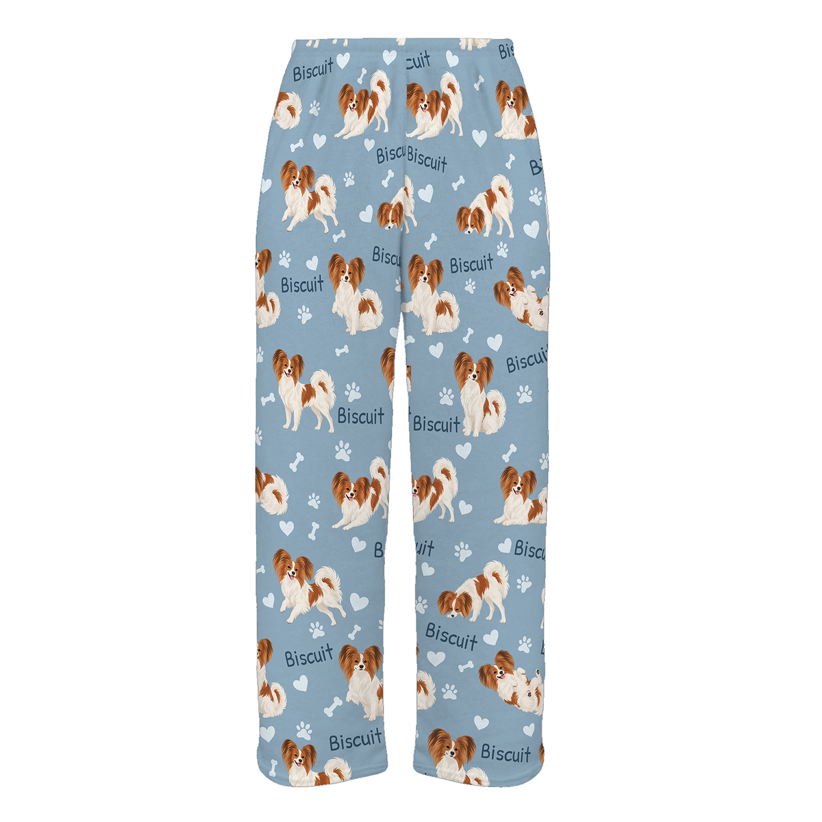 Personalized Papillon Pajama Pants, Custom Pet Name Fleece Trousers, Dog Lover Gift — 02 Dusty Blue — full-trouser view