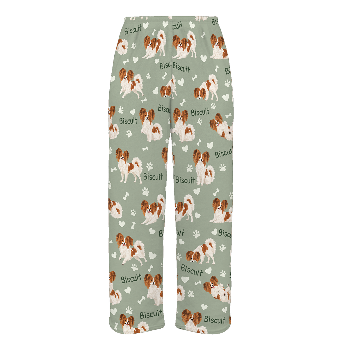 Personalized Papillon Pajama Pants, Custom Pet Name Fleece Trousers, Dog Lover Gift — 03 Soft Sage — full-trouser view