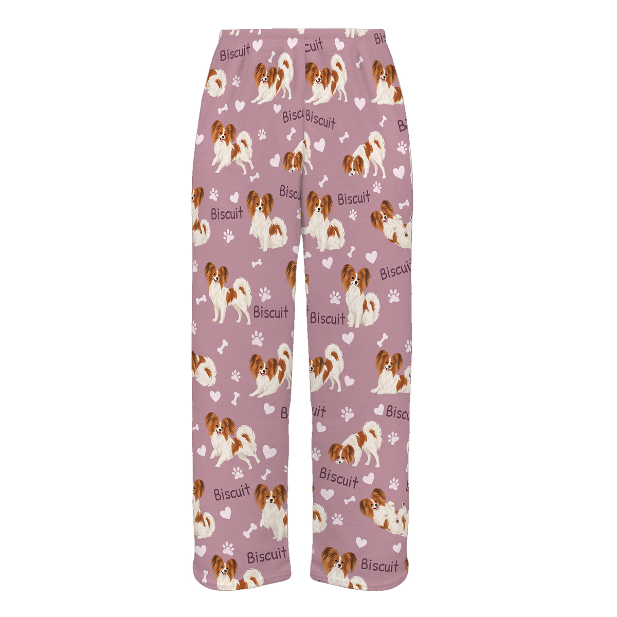 Personalized Papillon Pajama Pants, Custom Pet Name Fleece Trousers, Dog Lover Gift — 04 Dusty Rose — full-trouser view