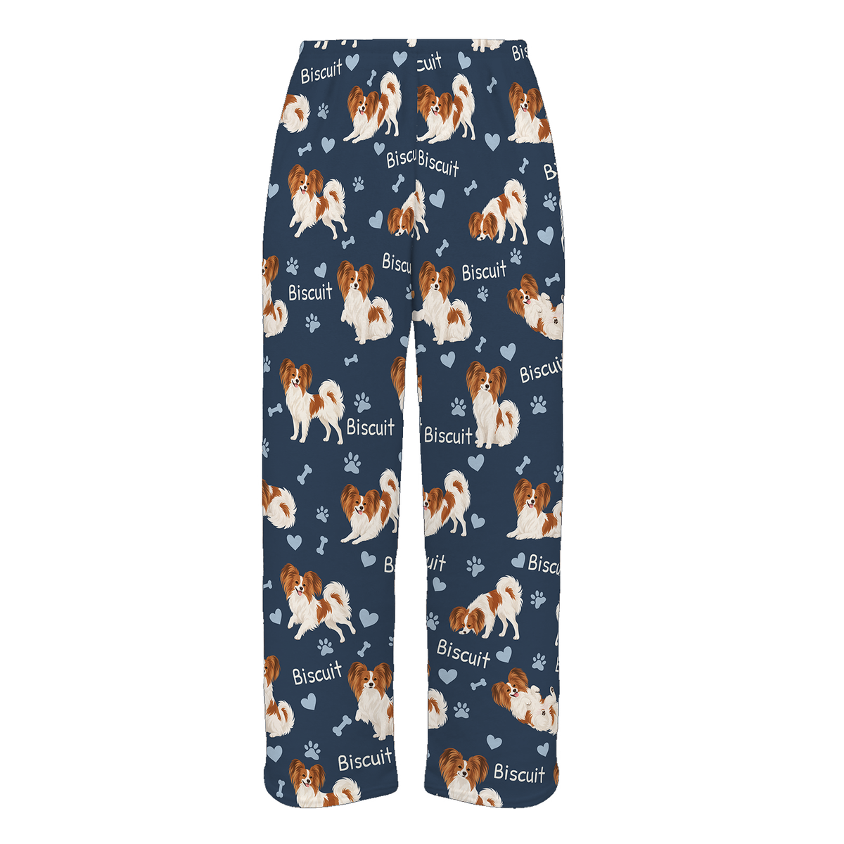 Personalized Papillon Pajama Pants, Custom Pet Name Fleece Trousers, Dog Lover Gift — 05 Deep Navy — full-trouser view