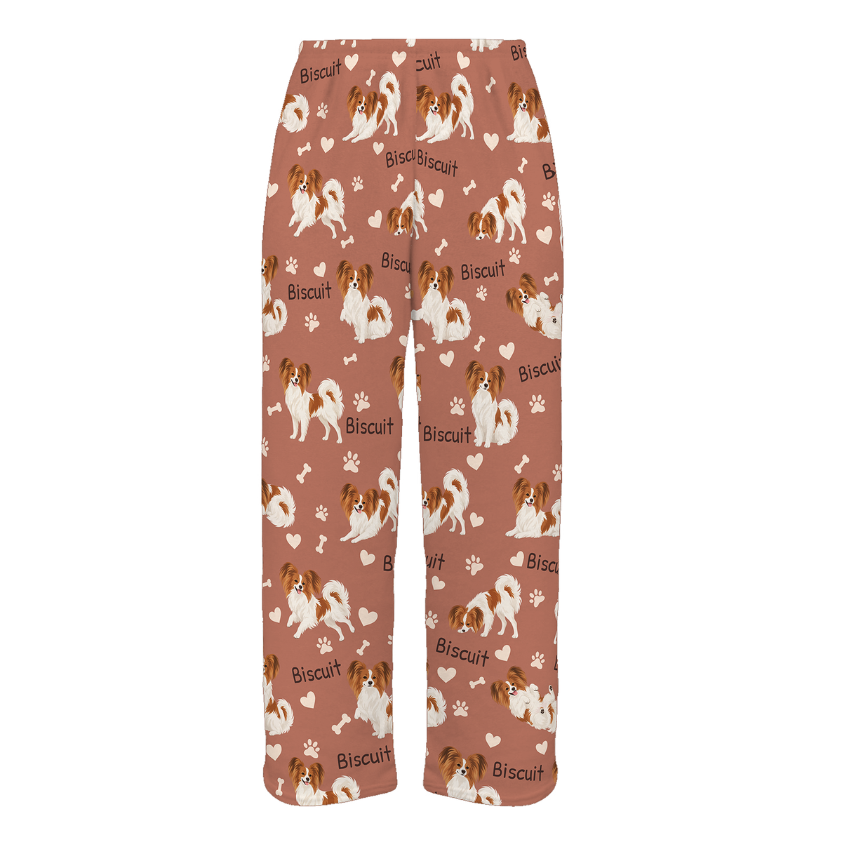 Personalized Papillon Pajama Pants, Custom Pet Name Fleece Trousers, Dog Lover Gift — 06 Muted Terracotta — full-trouser view