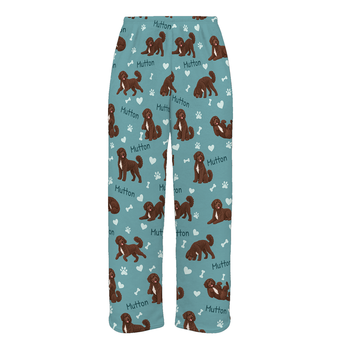 Personalized Portuguese Water Dog Pajama Pants, Custom Pet Name Fleece Trousers, Dog Lover Gift — 01 Muted Teal — full-trouser view