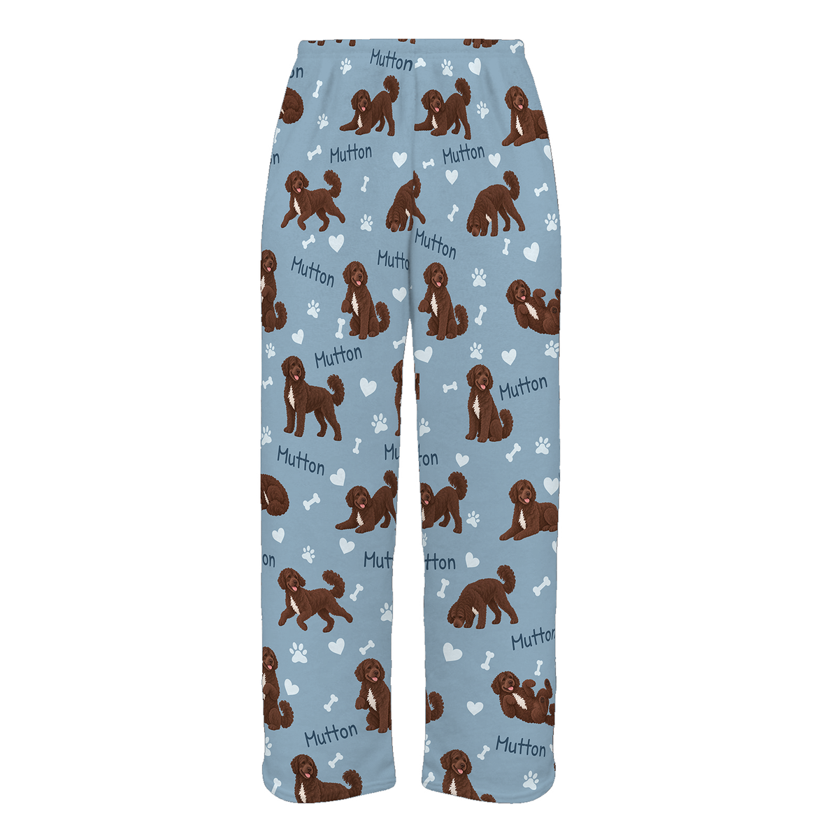Personalized Portuguese Water Dog Pajama Pants, Custom Pet Name Fleece Trousers, Dog Lover Gift — 02 Dusty Blue — full-trouser view