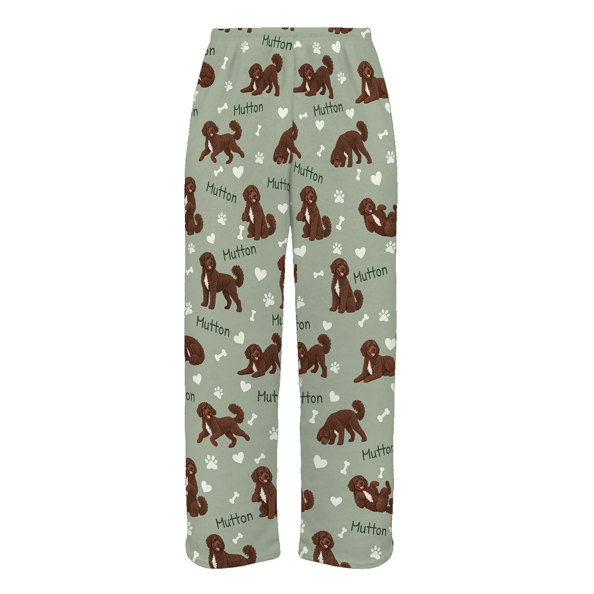 Personalized Portuguese Water Dog Pajama Pants, Custom Pet Name Fleece Trousers, Dog Lover Gift — 03 Soft Sage — full-trouser view