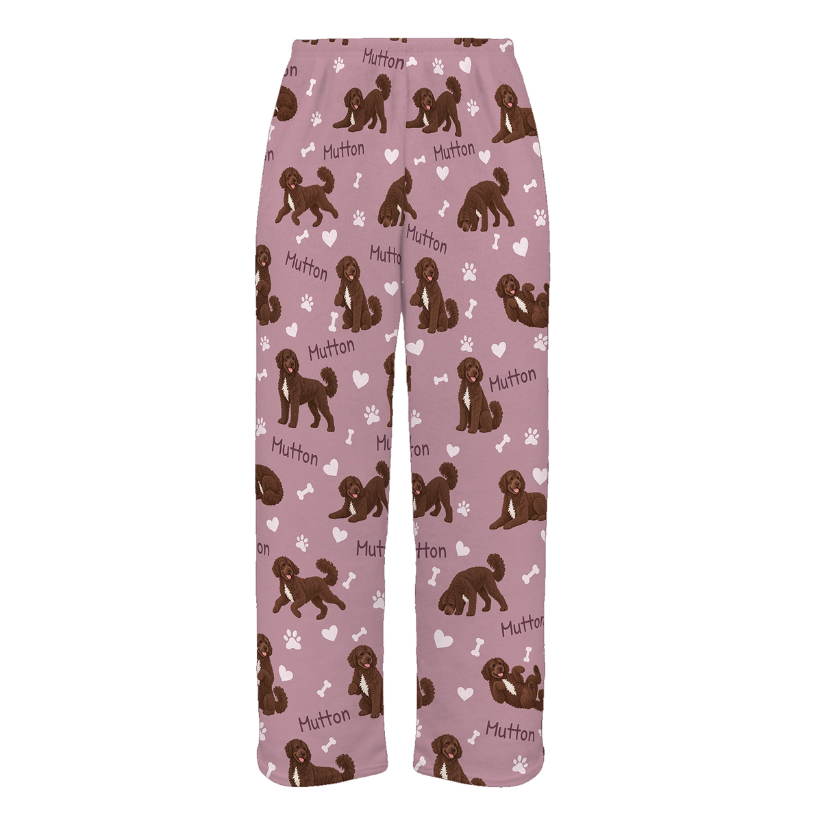 Personalized Portuguese Water Dog Pajama Pants, Custom Pet Name Fleece Trousers, Dog Lover Gift — 04 Dusty Rose — full-trouser view
