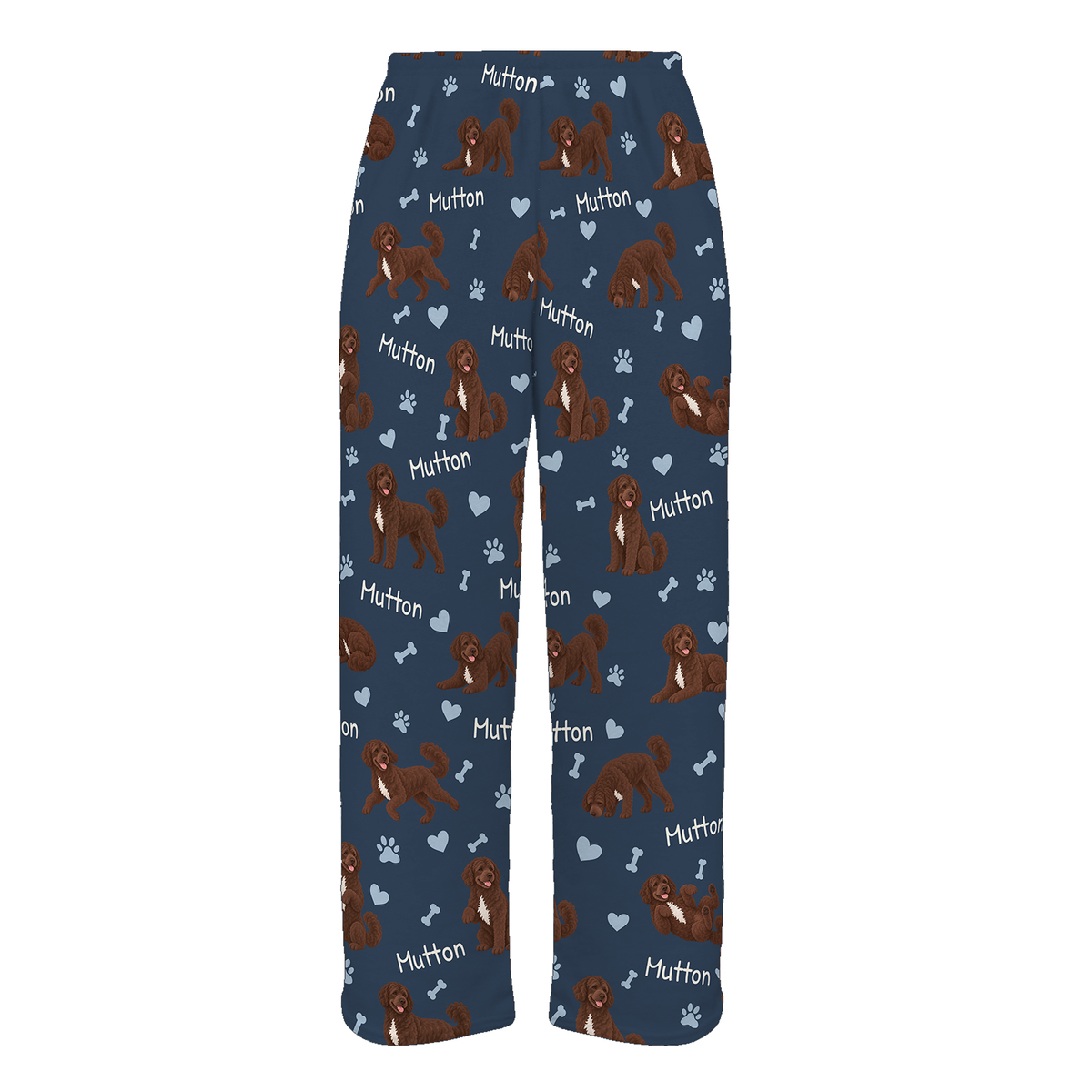 Personalized Portuguese Water Dog Pajama Pants, Custom Pet Name Fleece Trousers, Dog Lover Gift — 05 Deep Navy — full-trouser view