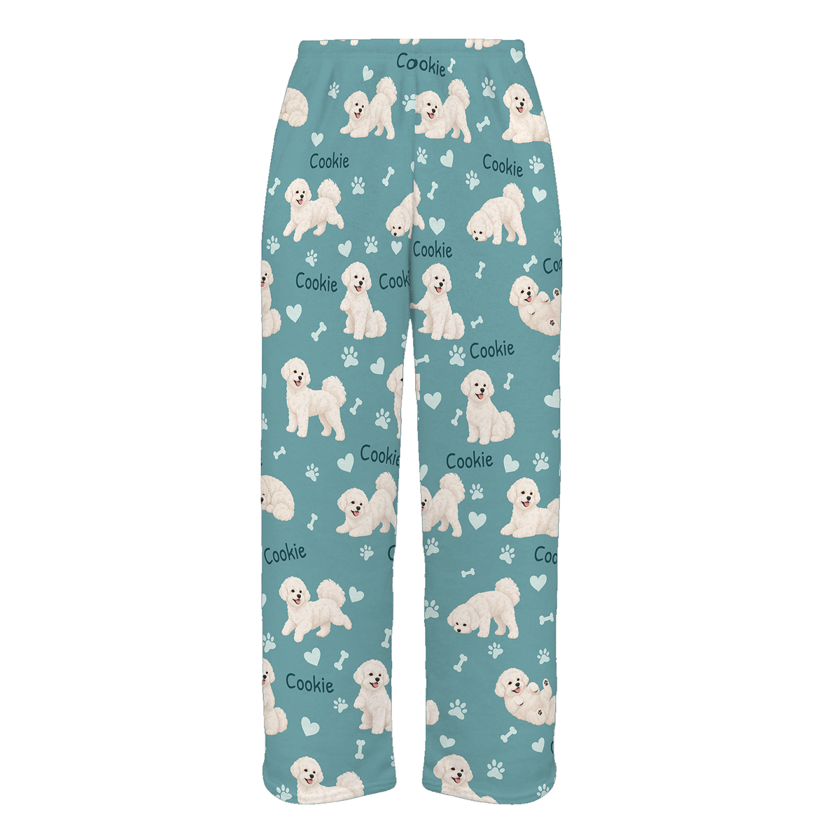 Personalized Bichon Frise Pajama Pants, Custom Pet Name Fleece Trousers, Dog Lover Gift — 01 Muted Teal — full-trouser view