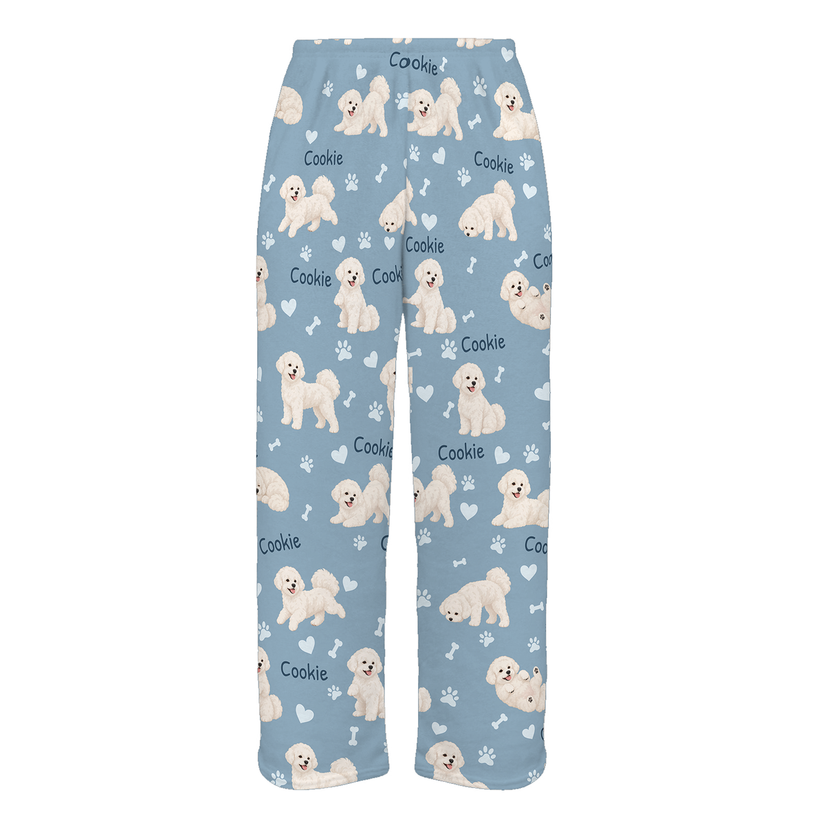 Personalized Bichon Frise Pajama Pants, Custom Pet Name Fleece Trousers, Dog Lover Gift — 02 Dusty Blue — full-trouser view