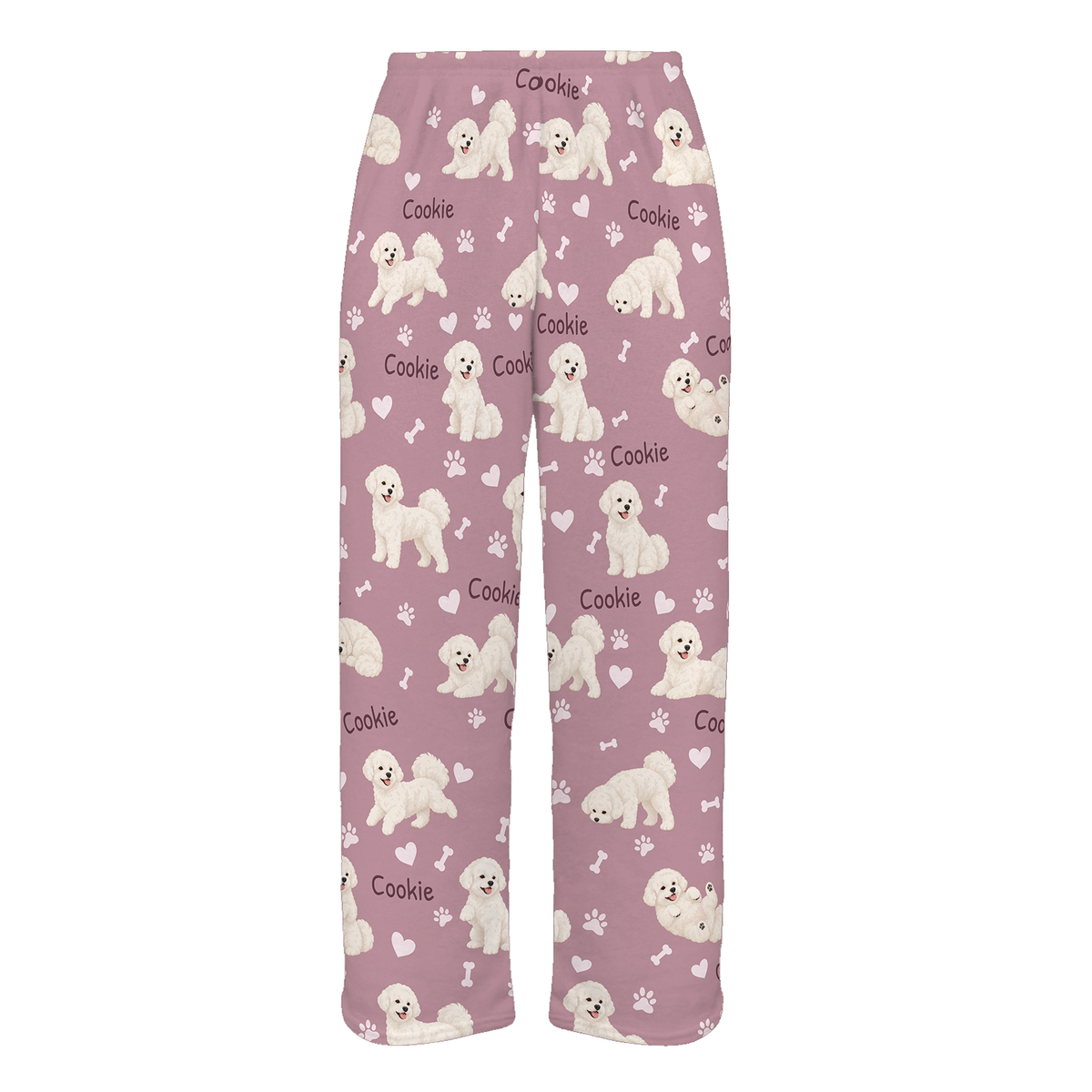 Personalized Bichon Frise Pajama Pants, Custom Pet Name Fleece Trousers, Dog Lover Gift — 04 Dusty Rose — full-trouser view